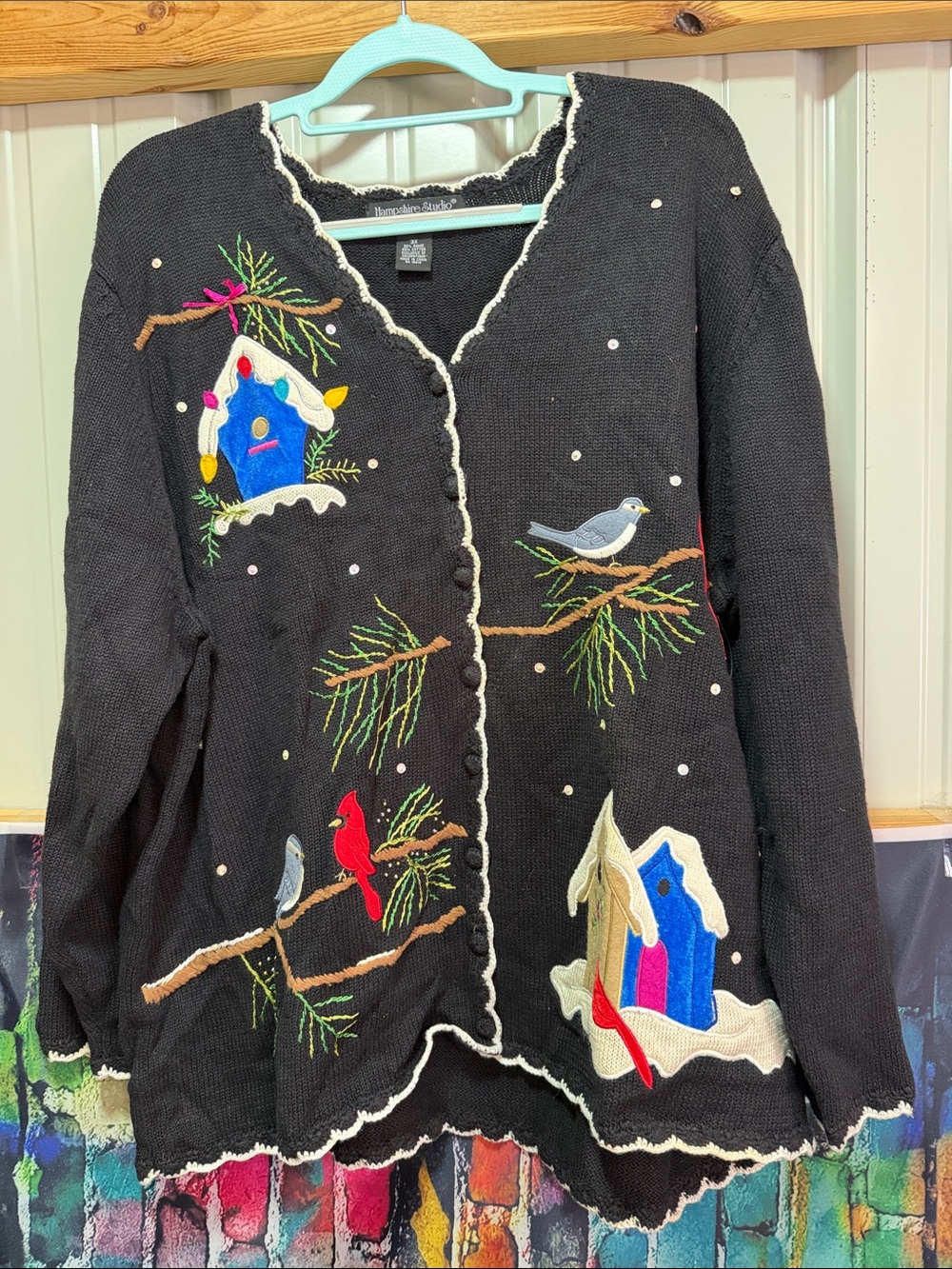 Whimsical Black Embroidered Birdhouse Cardigan Sweater plus size